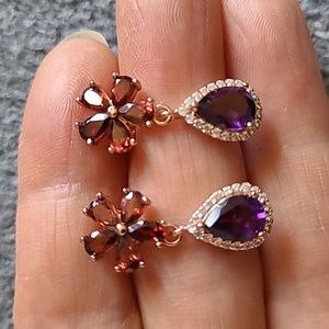 Natural Purple Amethyst & Garnet .925 Sterling Silver Drop Floral Earrings